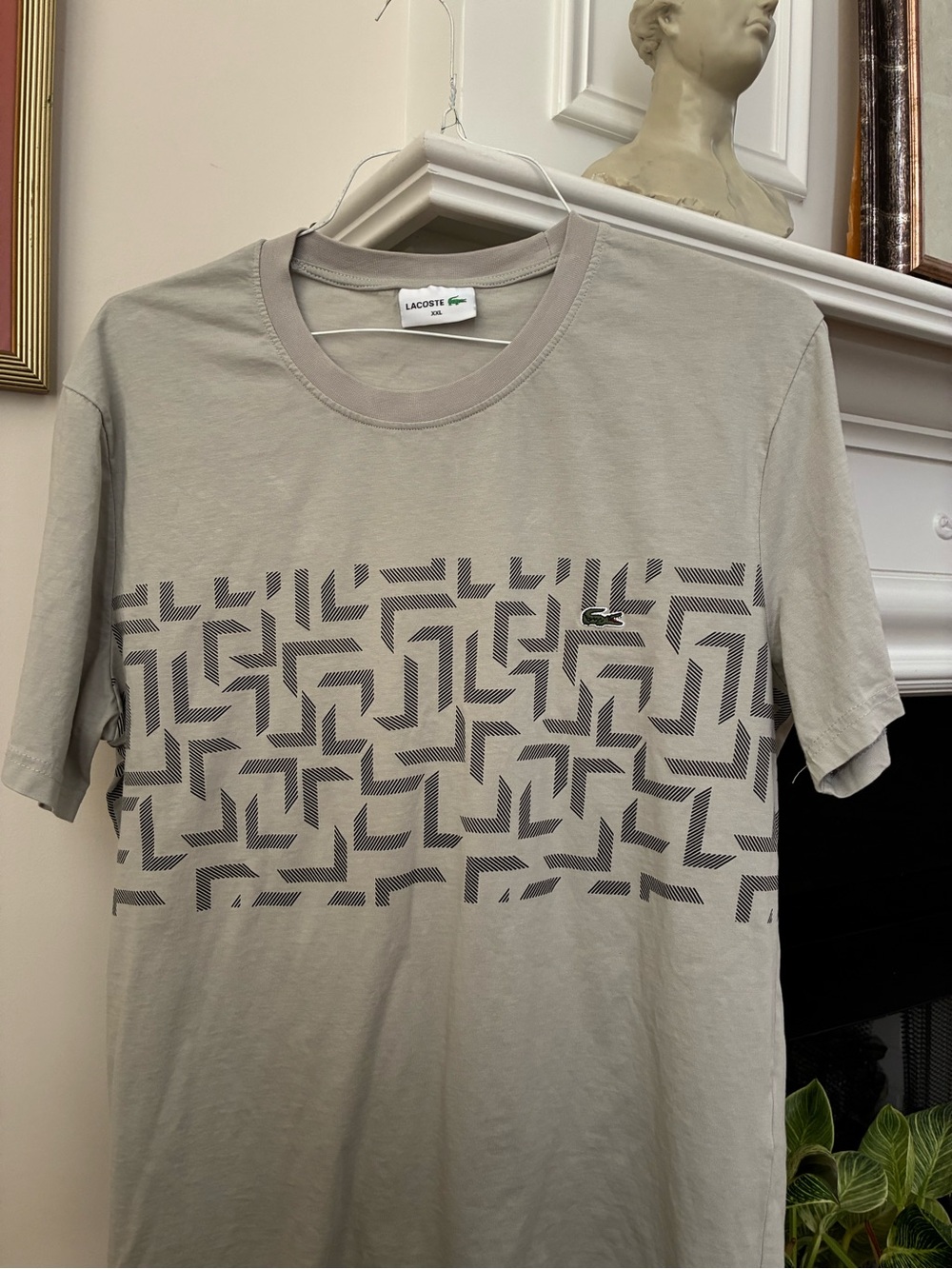 Lacoste Men's Light Gray Graphic Crew Neck Tee with Geometric Print
